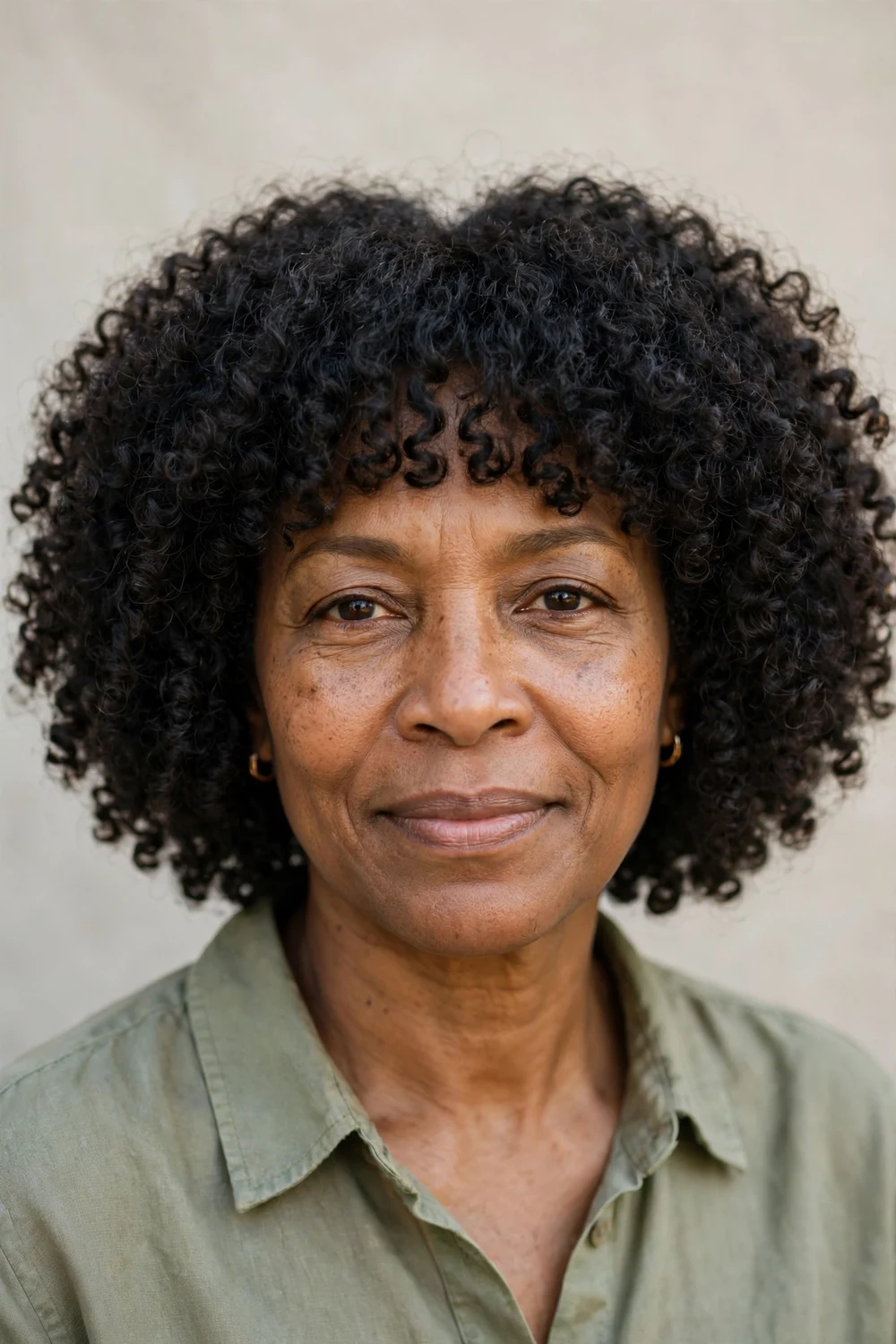 Black woman in her 50s with chin-length curly haircut and full curly bangs, rounded voluminous shape