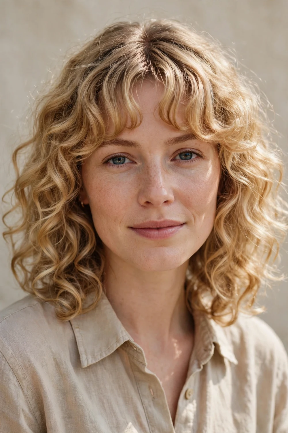 Young woman with curly curtain bangs framing her face, blonde bouncy shoulder-length curls