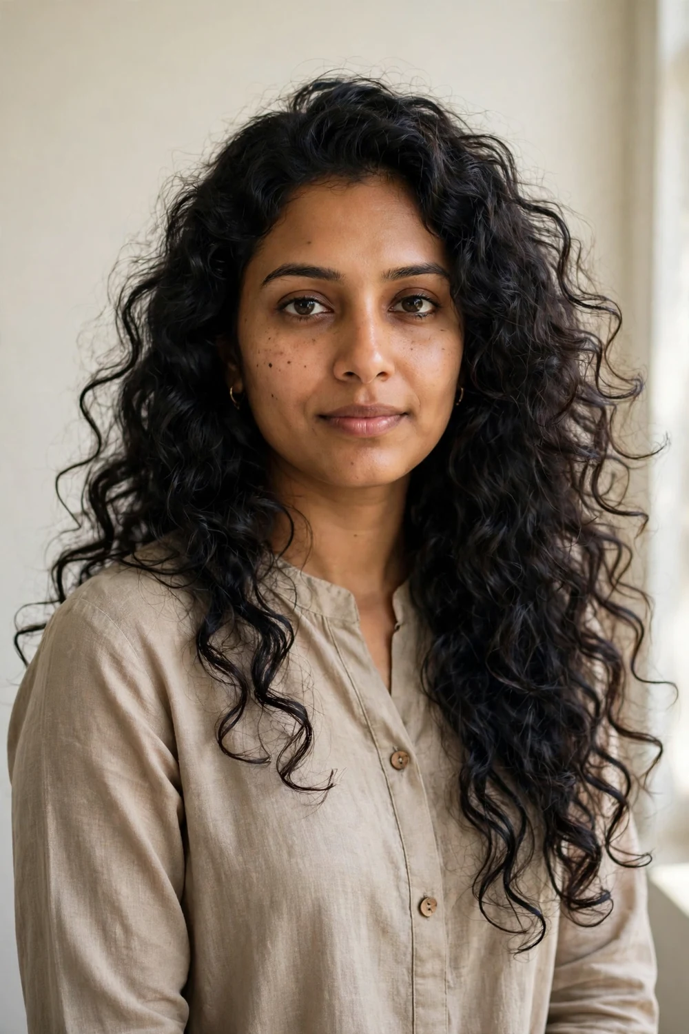 South Asian woman with curly lob haircut, long layers, dark loose curls past shoulders