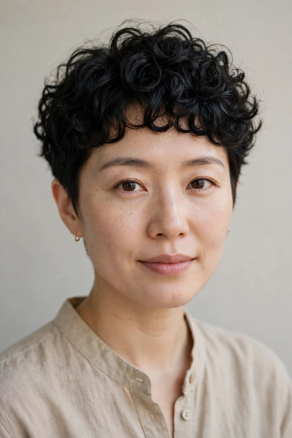 East Asian woman with short curly pixie cut, tight defined curls on top with tapered sides