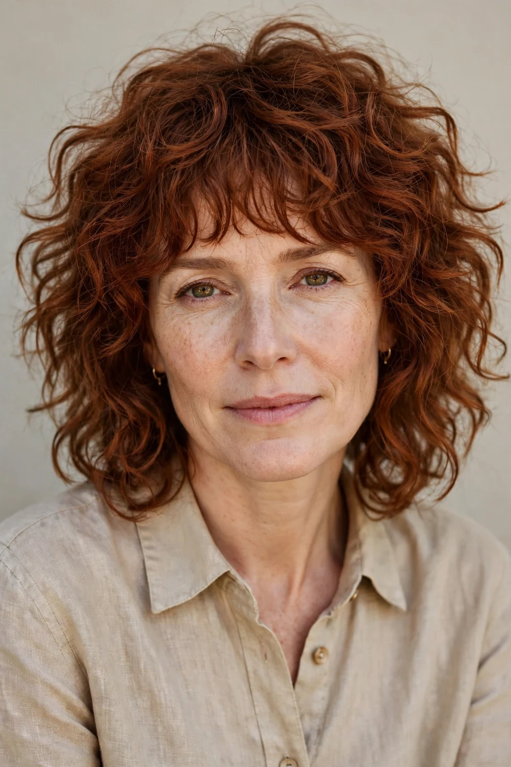 Woman in her 40s with curly shag haircut and wispy curly bangs, auburn textured curls