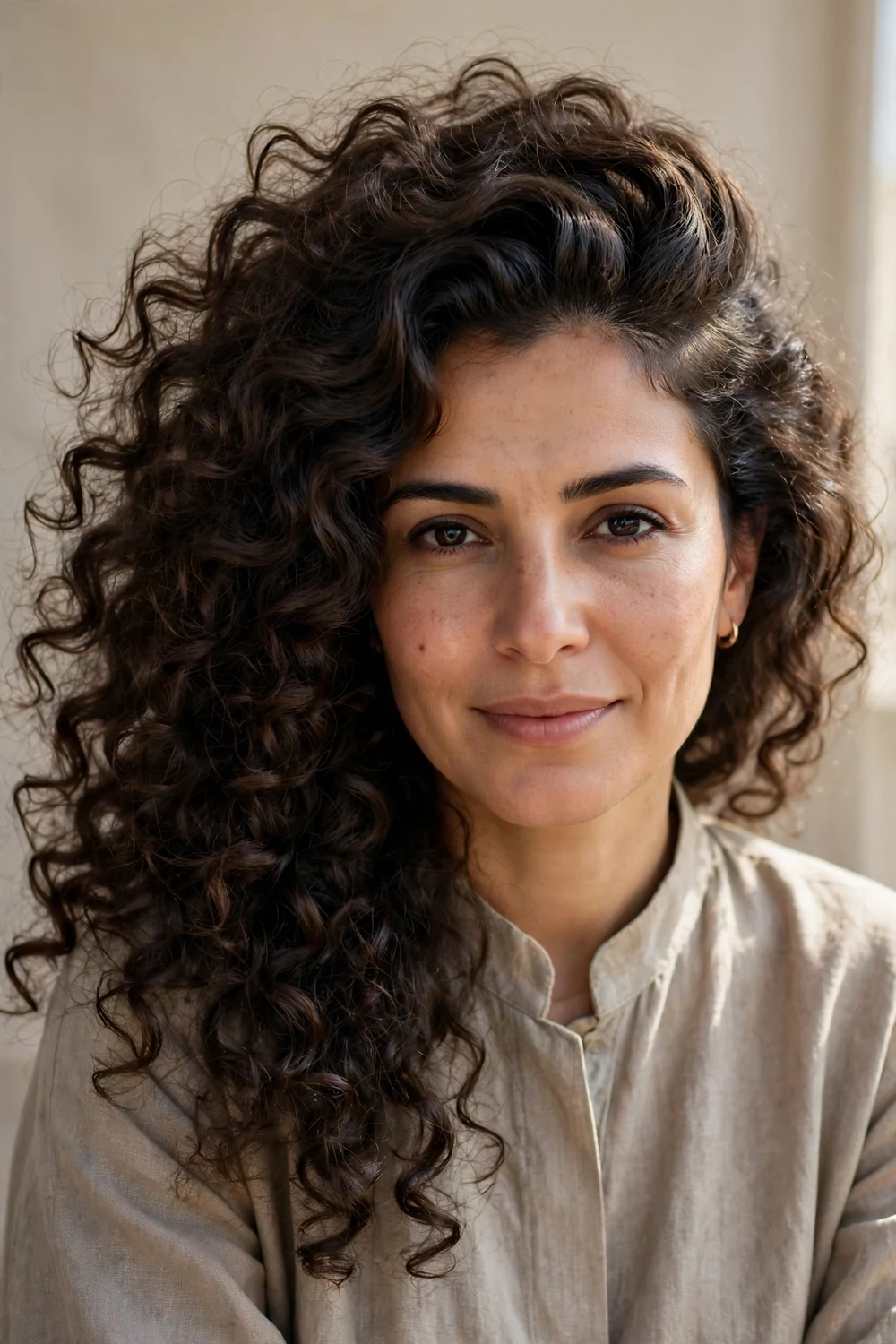 Middle Eastern woman with voluminous curly hair in a deep side part, curls swept to one side