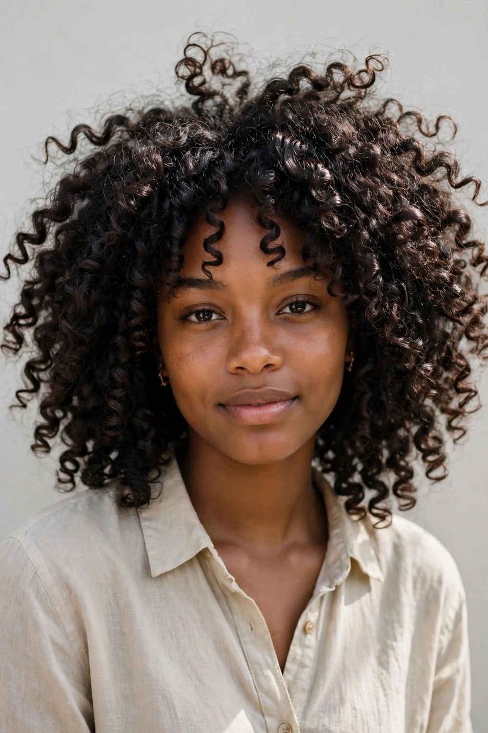 Young woman with diffuser-dried spiral curls, defined ringlets with crown volume