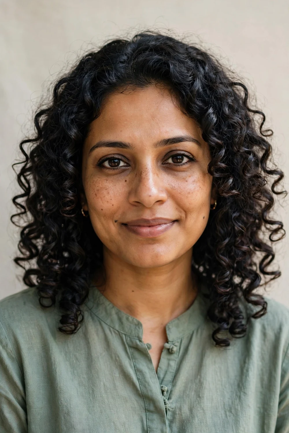 South Asian woman with finger-coiled defined curls, glossy separated ringlets at shoulder length