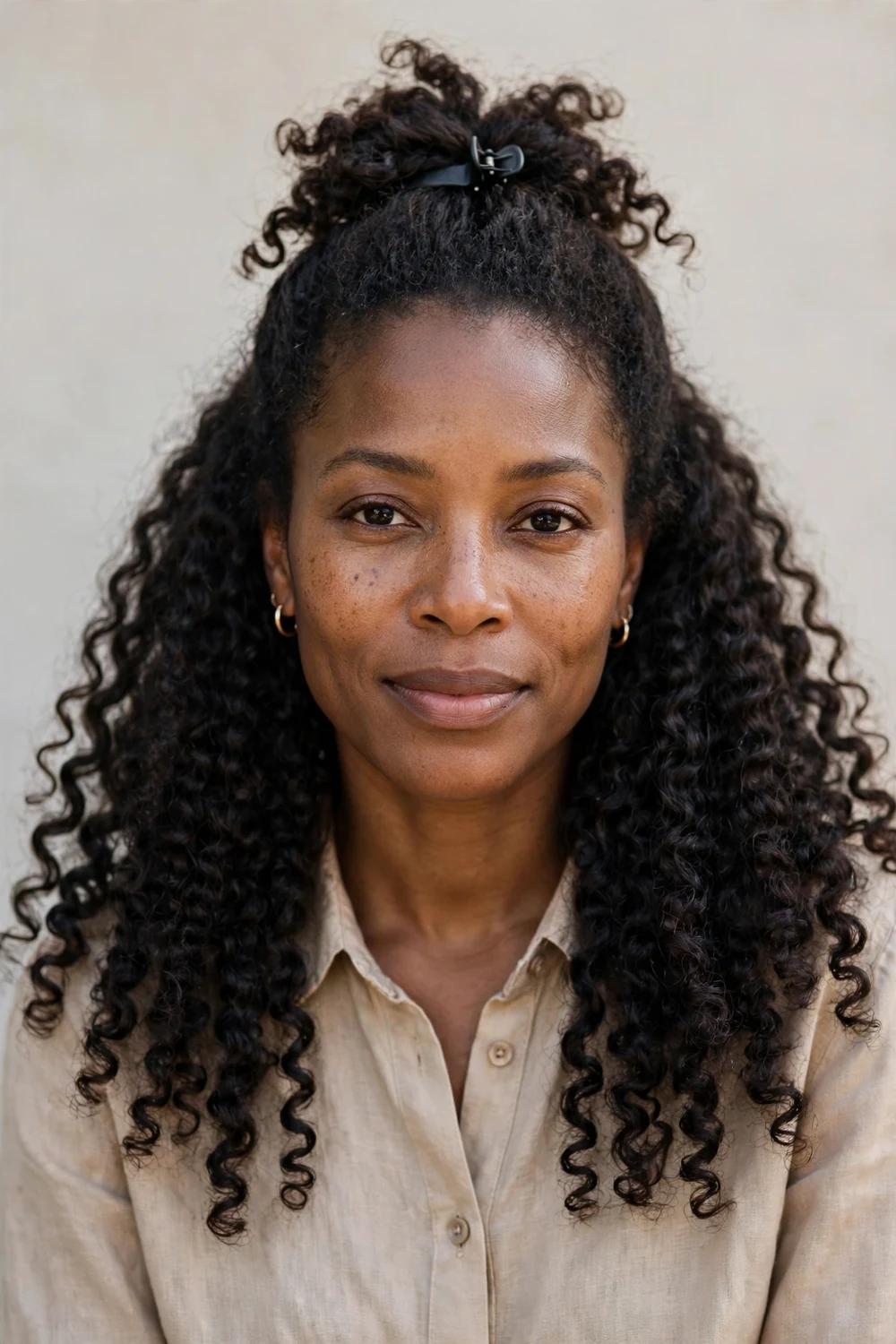 Black woman with half-up curly hairstyle, top section pinned for crown height, cascading curls