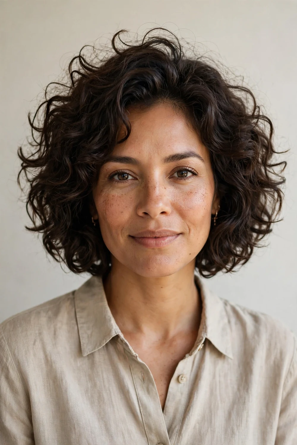 Woman with layered curly bob haircut, dark brown curls with lift at the roots