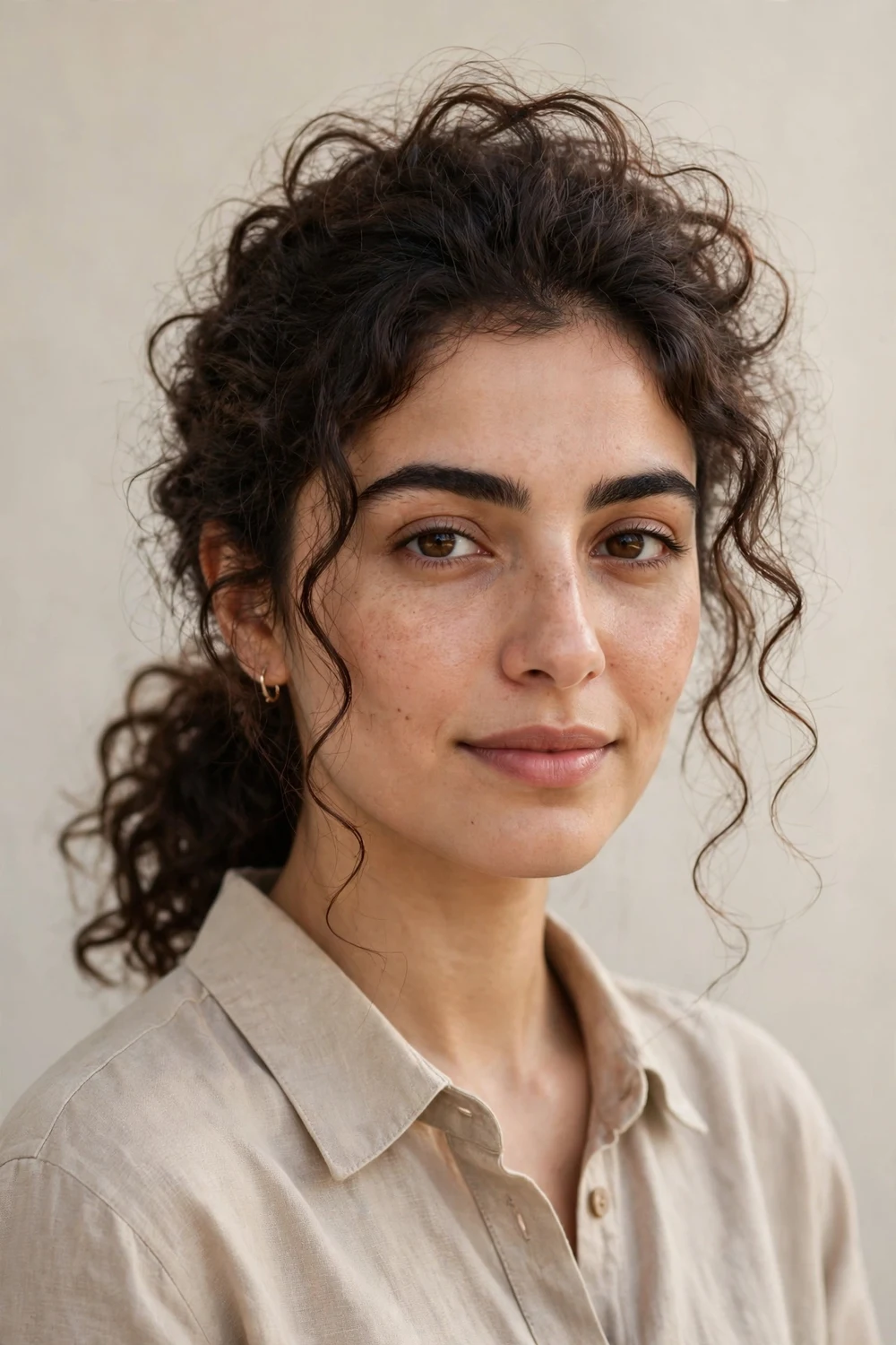 Middle Eastern woman with loose low curly ponytail, teased crown, textured dark brown curls