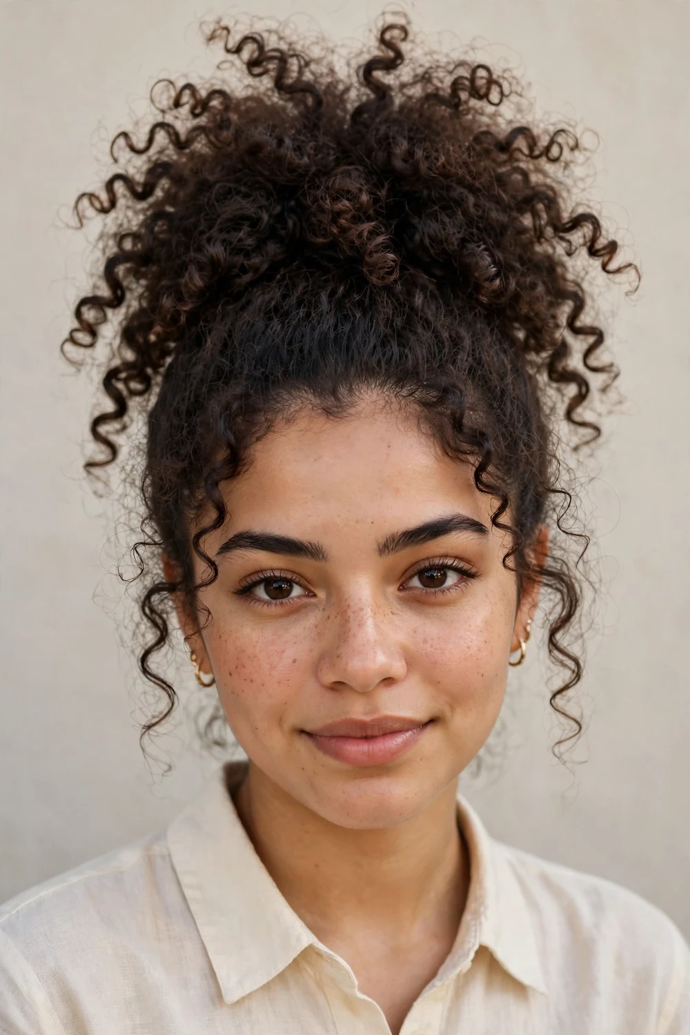 Young Latina woman with high pineapple ponytail of bouncy dark brown curls on top of head