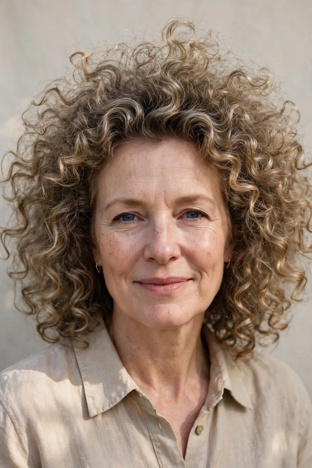 Woman in her 50s with voluminous curls lifted at roots, dark blonde medium-length curls