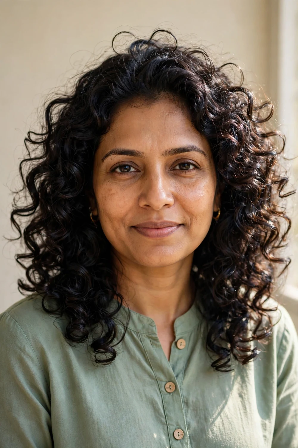 South Asian woman with refreshed second-day curls, revived bouncy dark ringlets with root lift