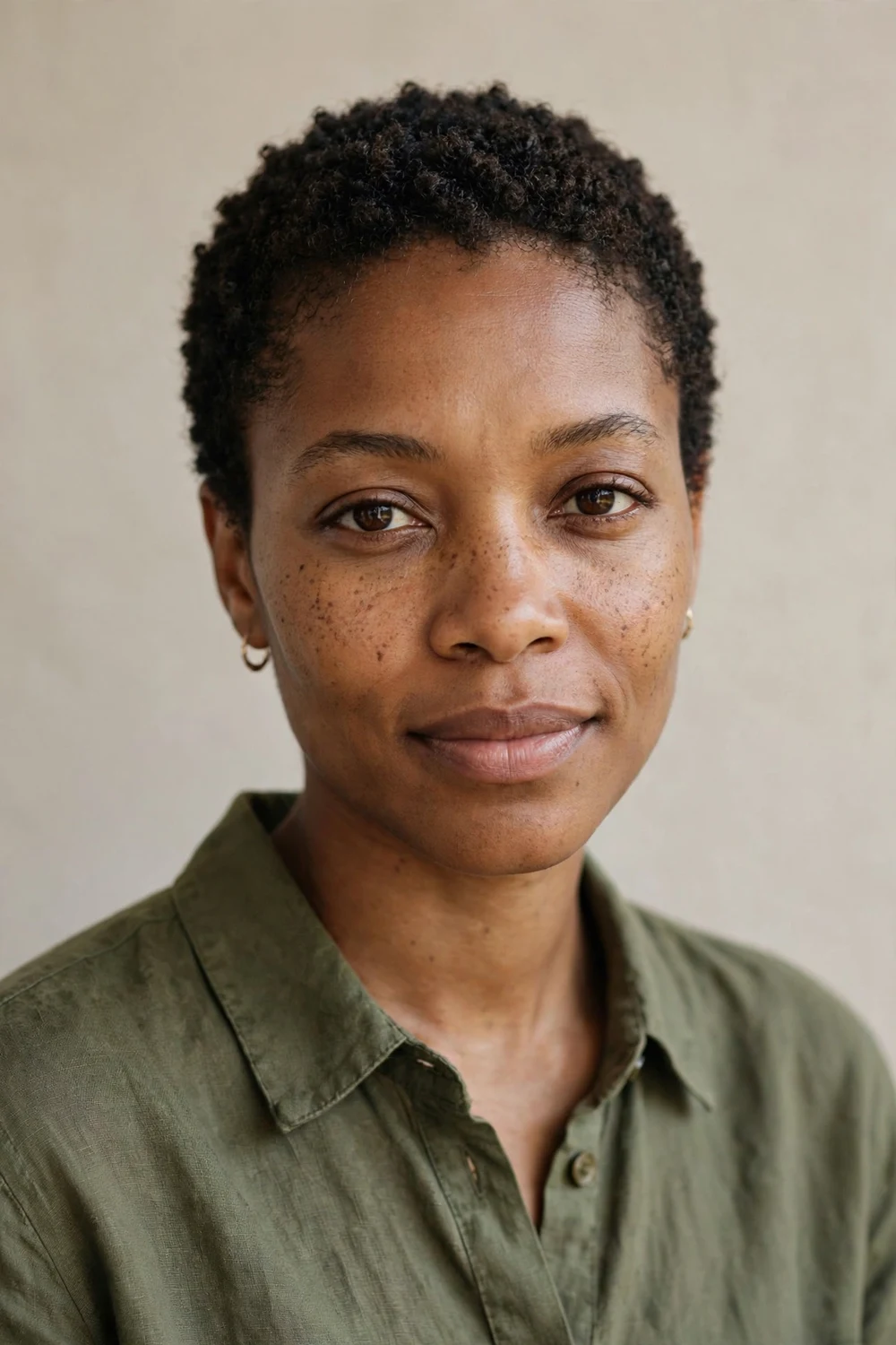 Black woman with very short curly crop, tight natural coils with texture close to head