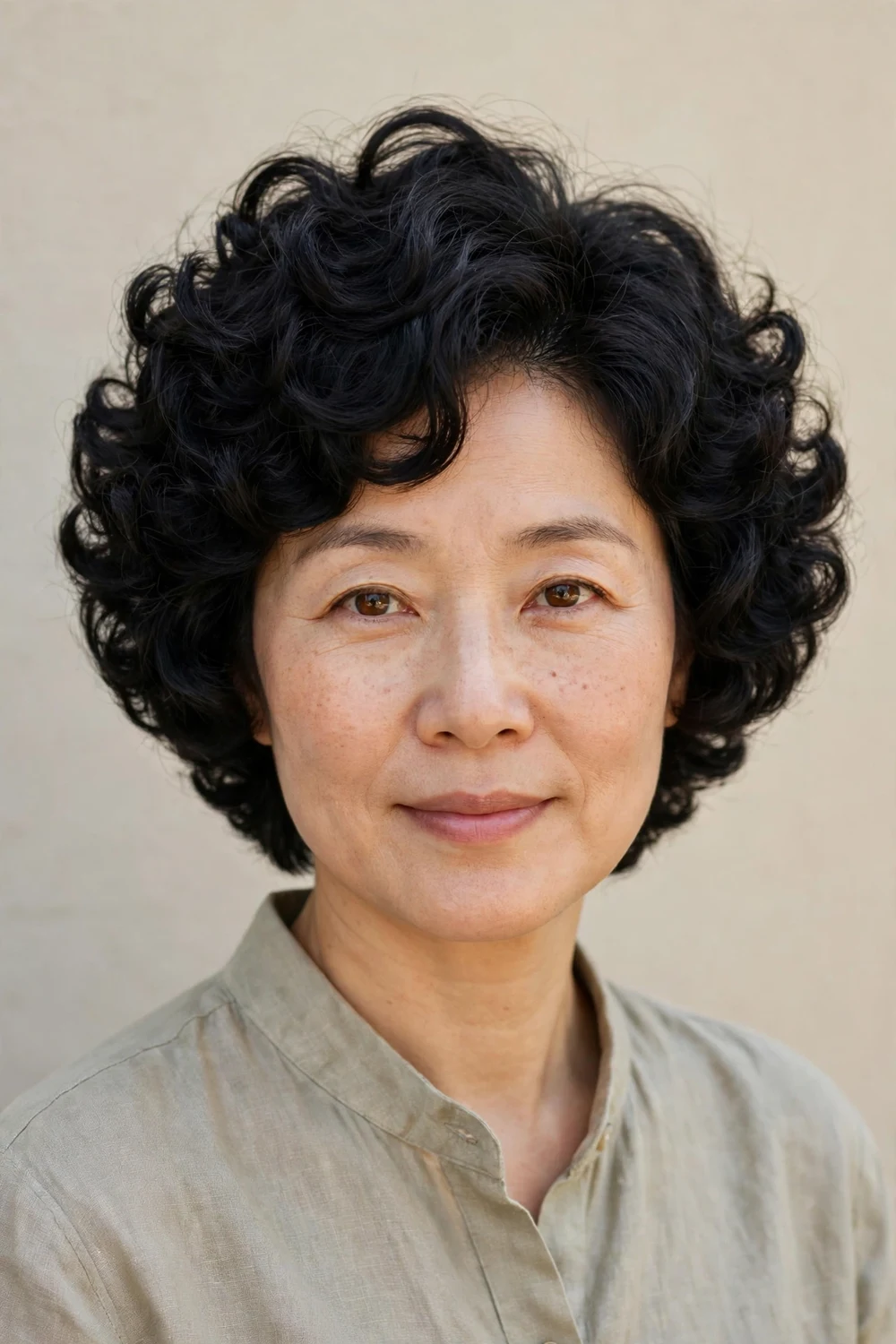 East Asian woman in her 40s with stacked curly bob, shorter back layers, rounded black curls