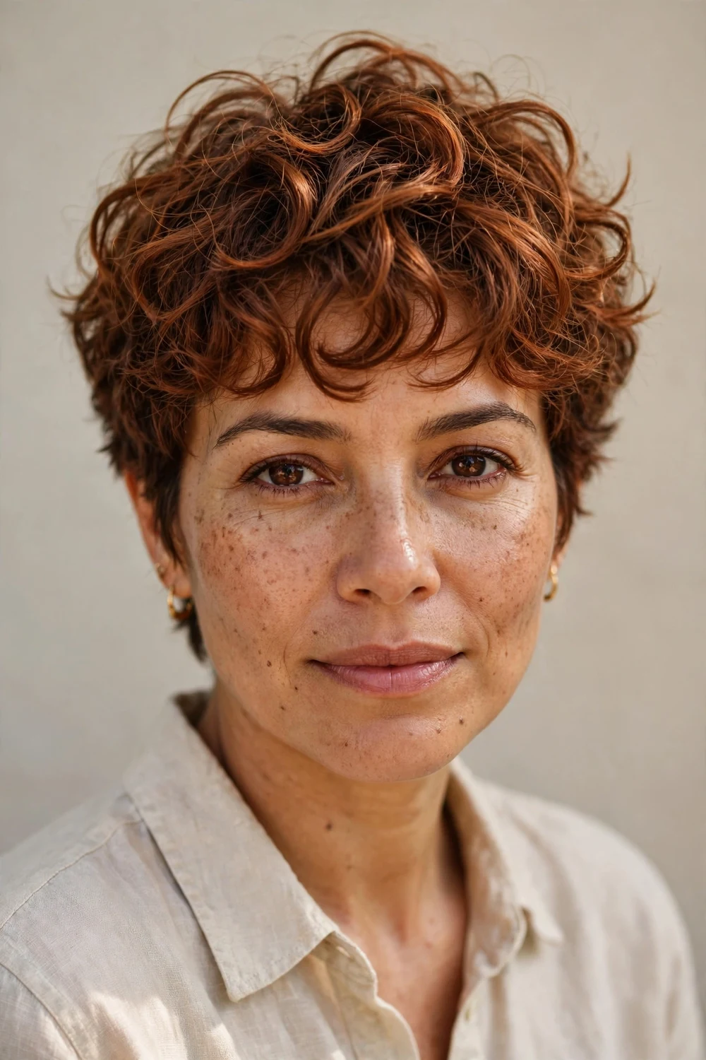 Latina woman with tousled curly pixie, longer textured copper curls brushed forward on top