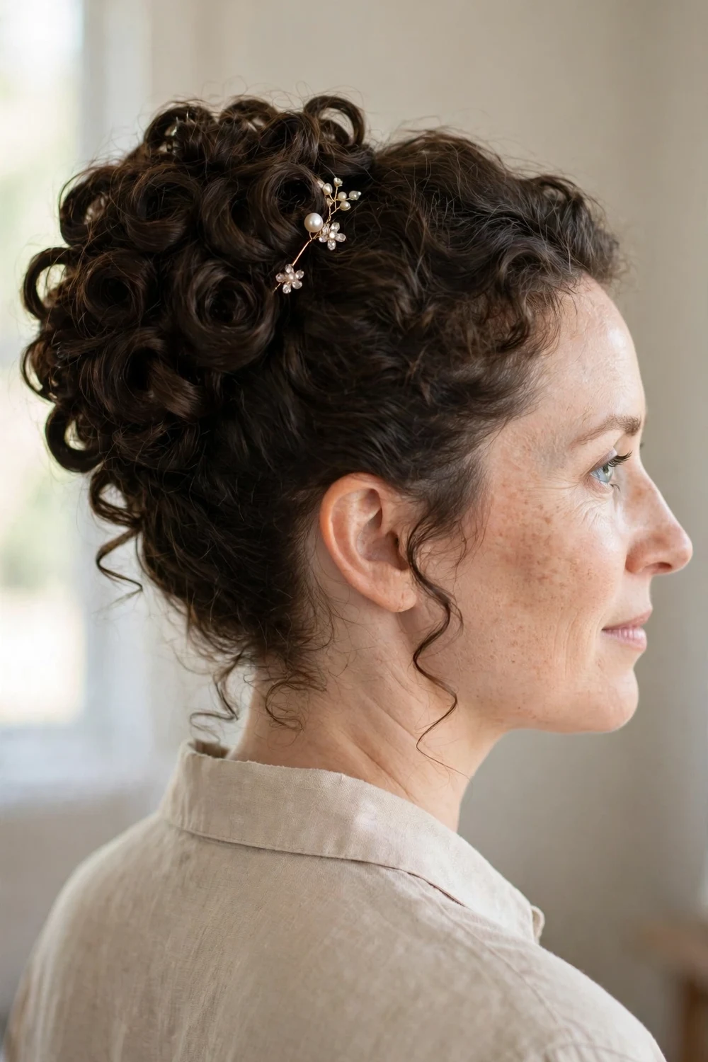 Woman with elegant formal curly updo with decorative hair accessory