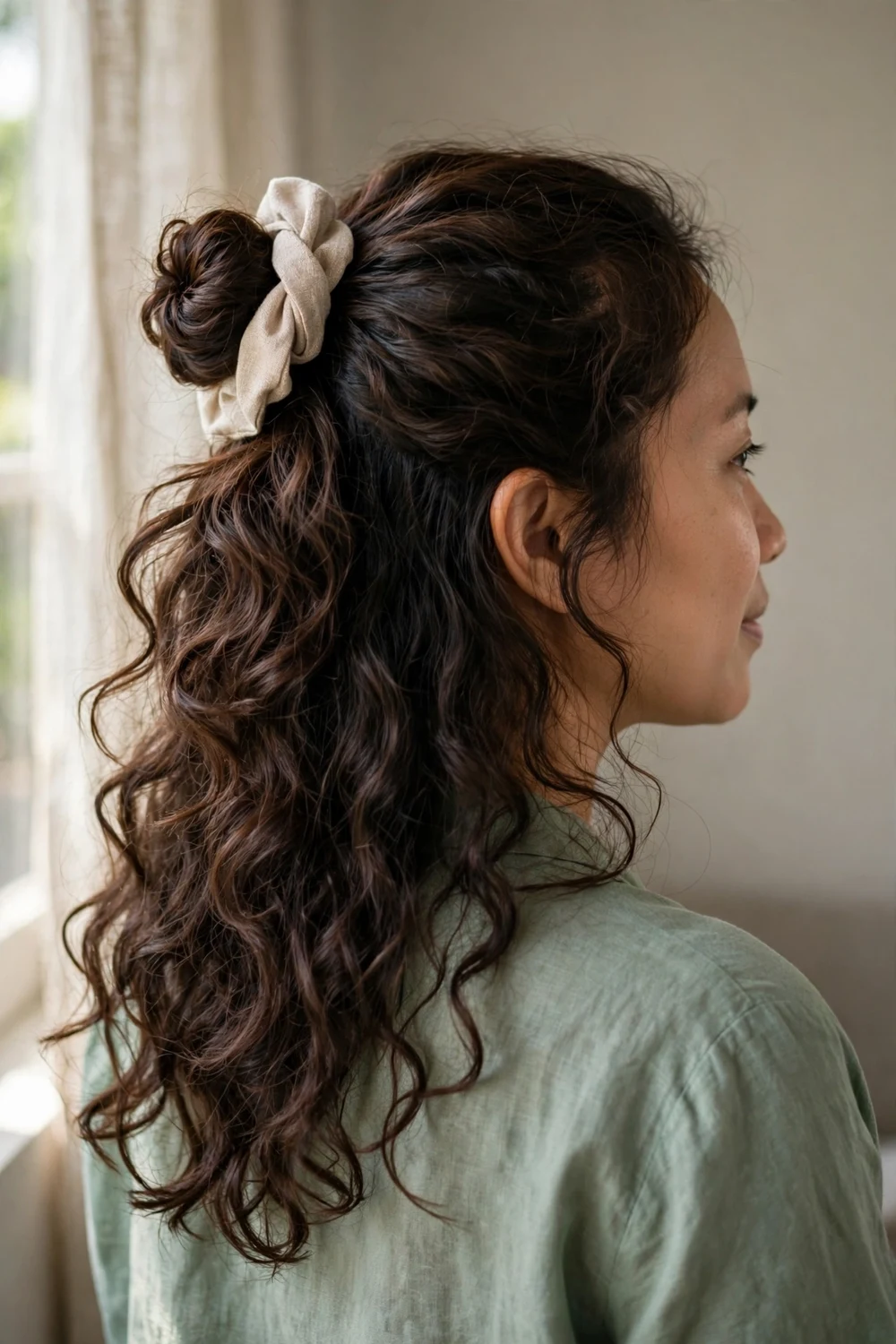 Woman with half up half down curly hairstyle, top section twisted back
