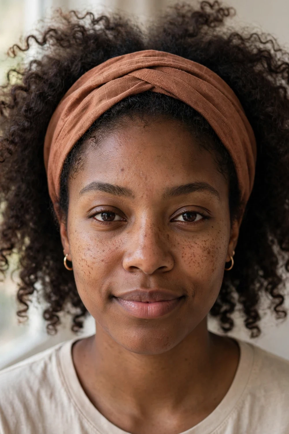 Woman with wide headband pushing back voluminous curly hair