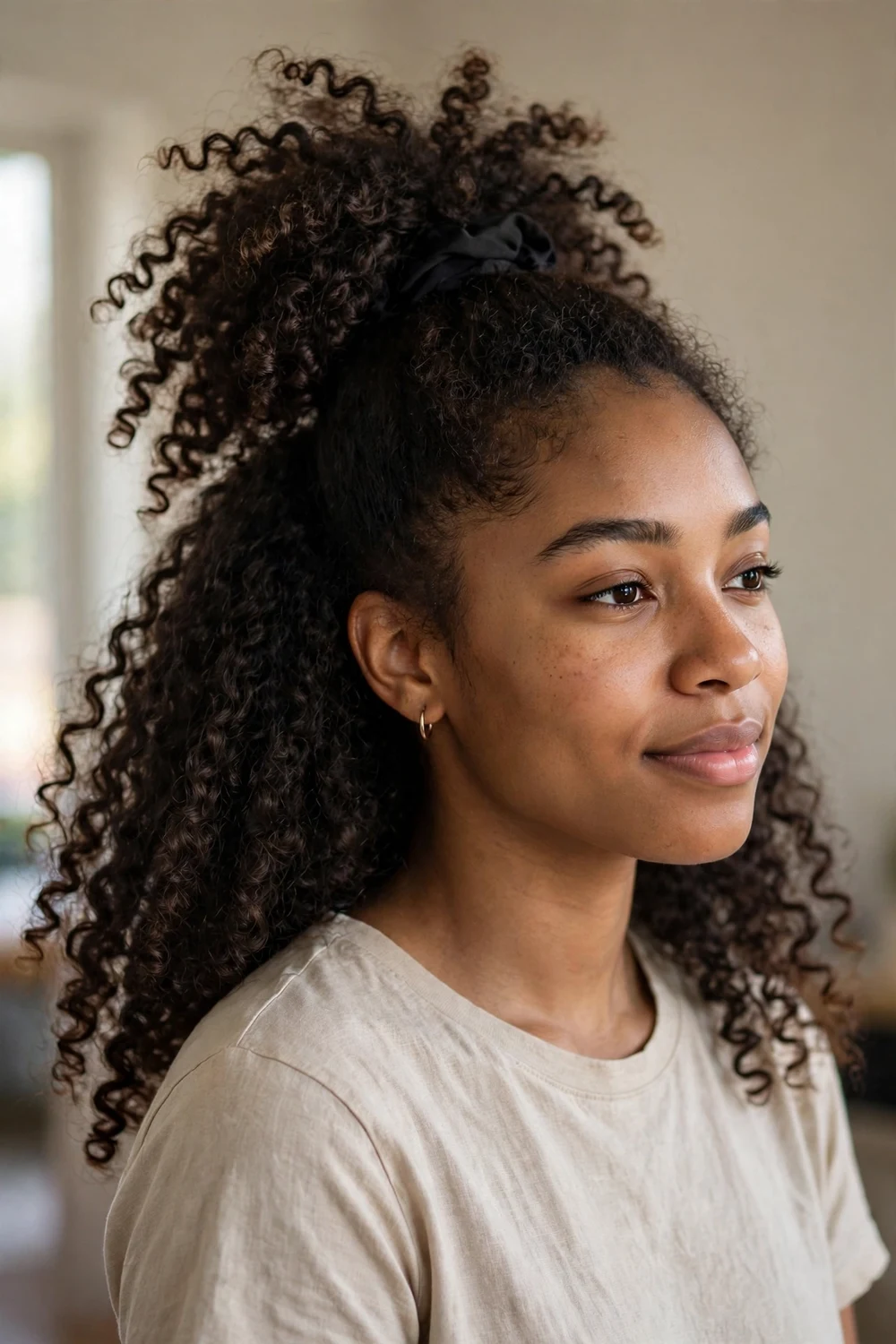 Woman with high curly ponytail, pineapple style with volume at the crown