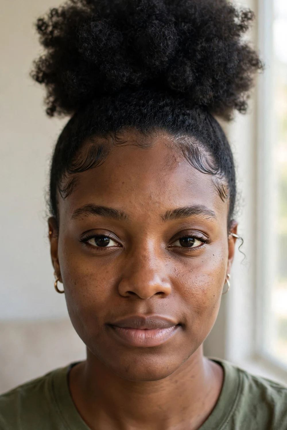 Woman with high puff hairstyle, rounded crown of natural curls