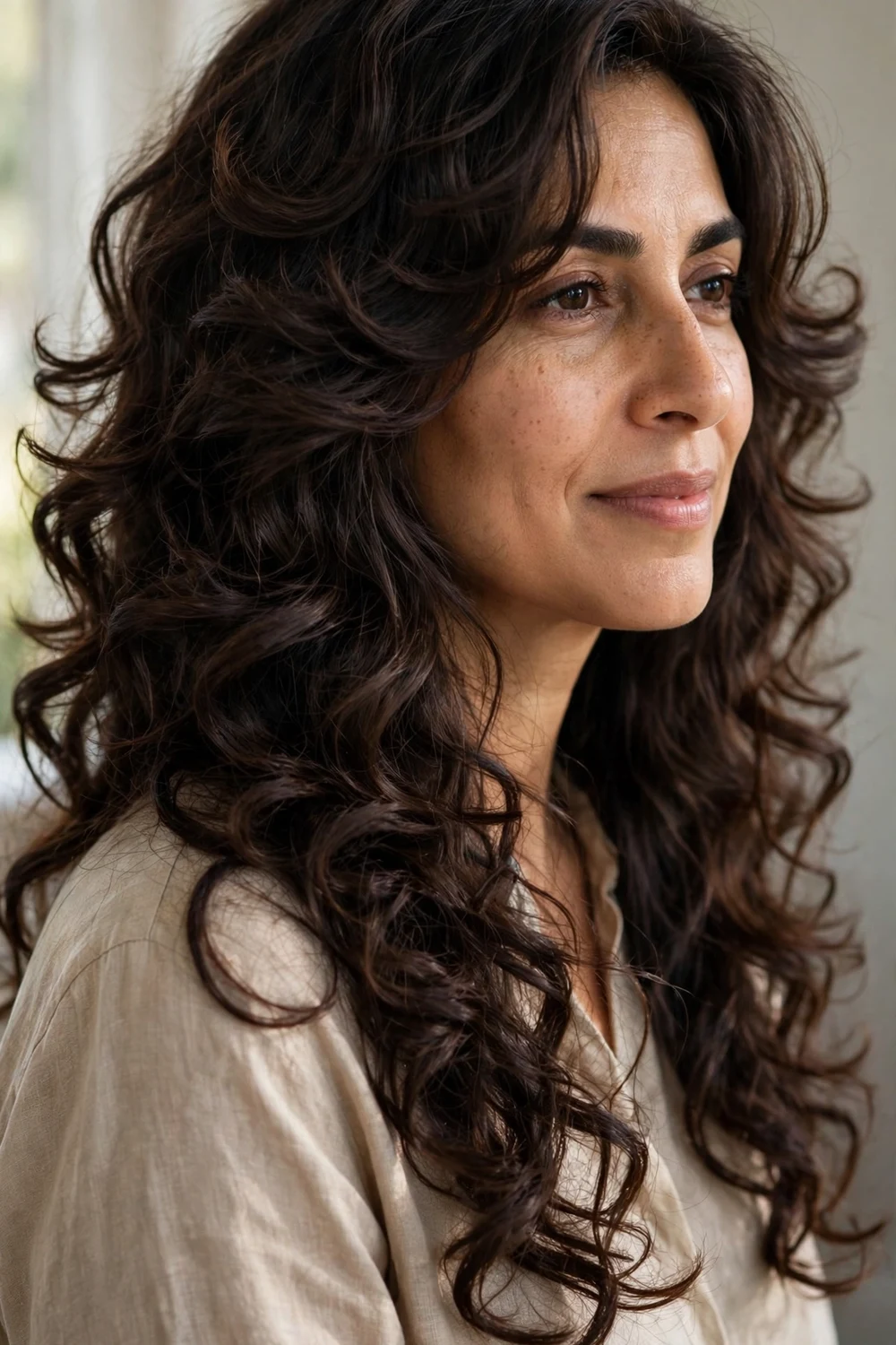Woman with long curly layered haircut, cascading tiers of curls