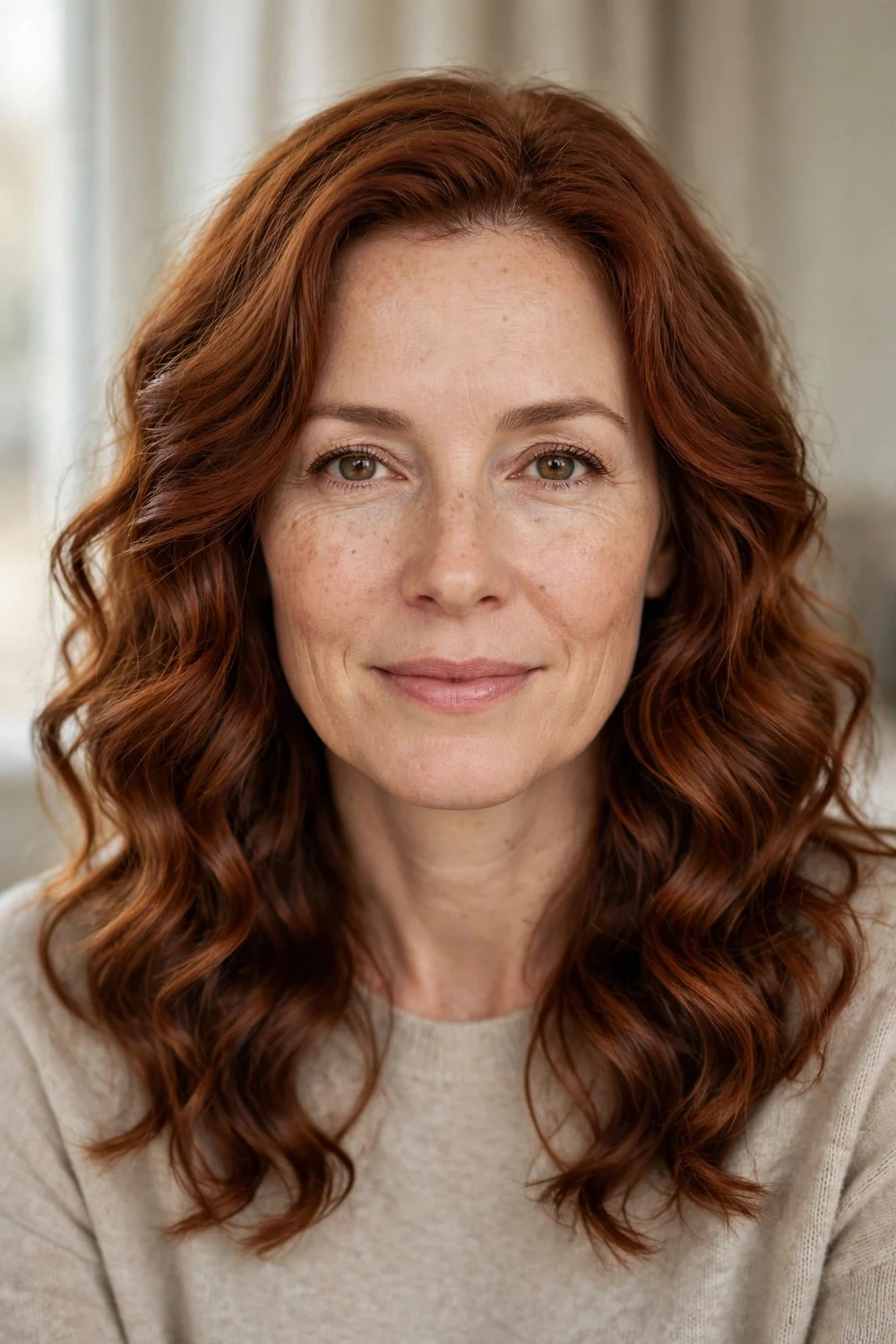 Woman with loose curly waves in medium-length auburn hair