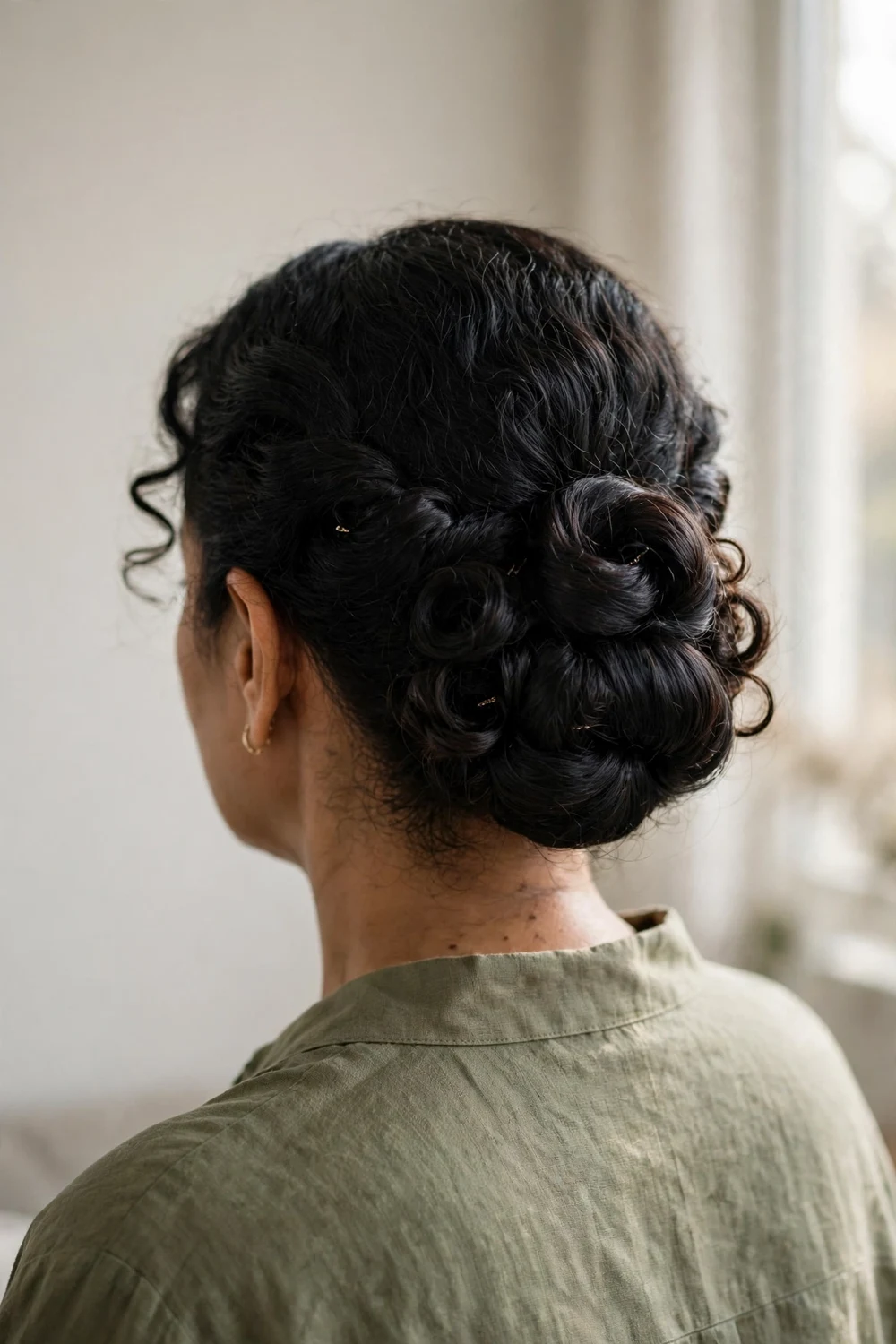 Woman with elegant rolled low bun at the nape, back view