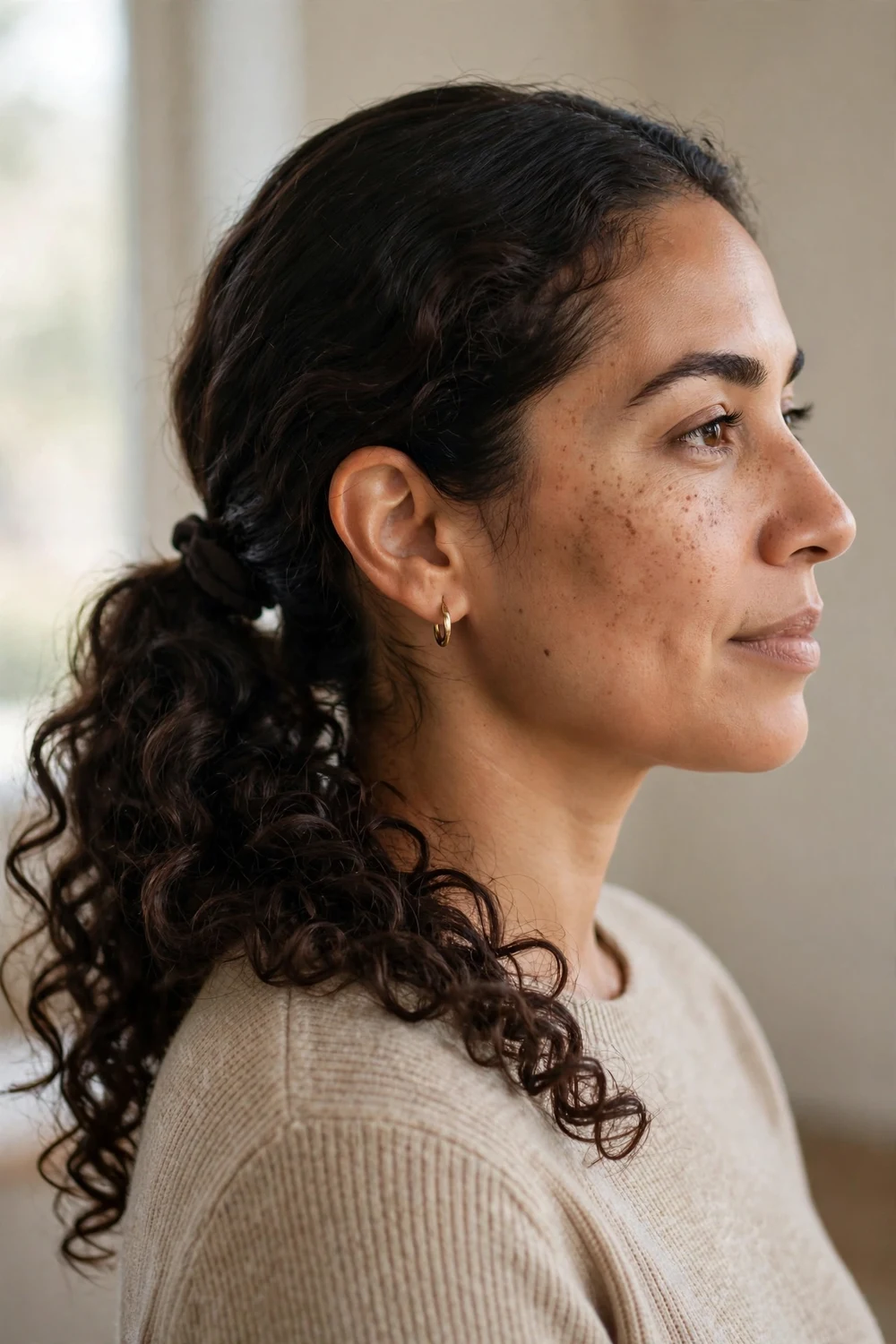 Woman with low curly ponytail at the nape, smooth roots and free curls