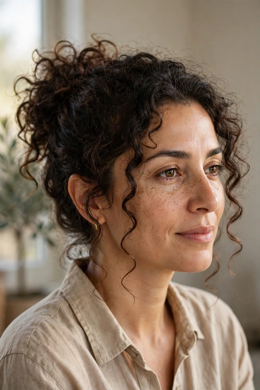 Woman with messy curly bun and soft face-framing tendrils