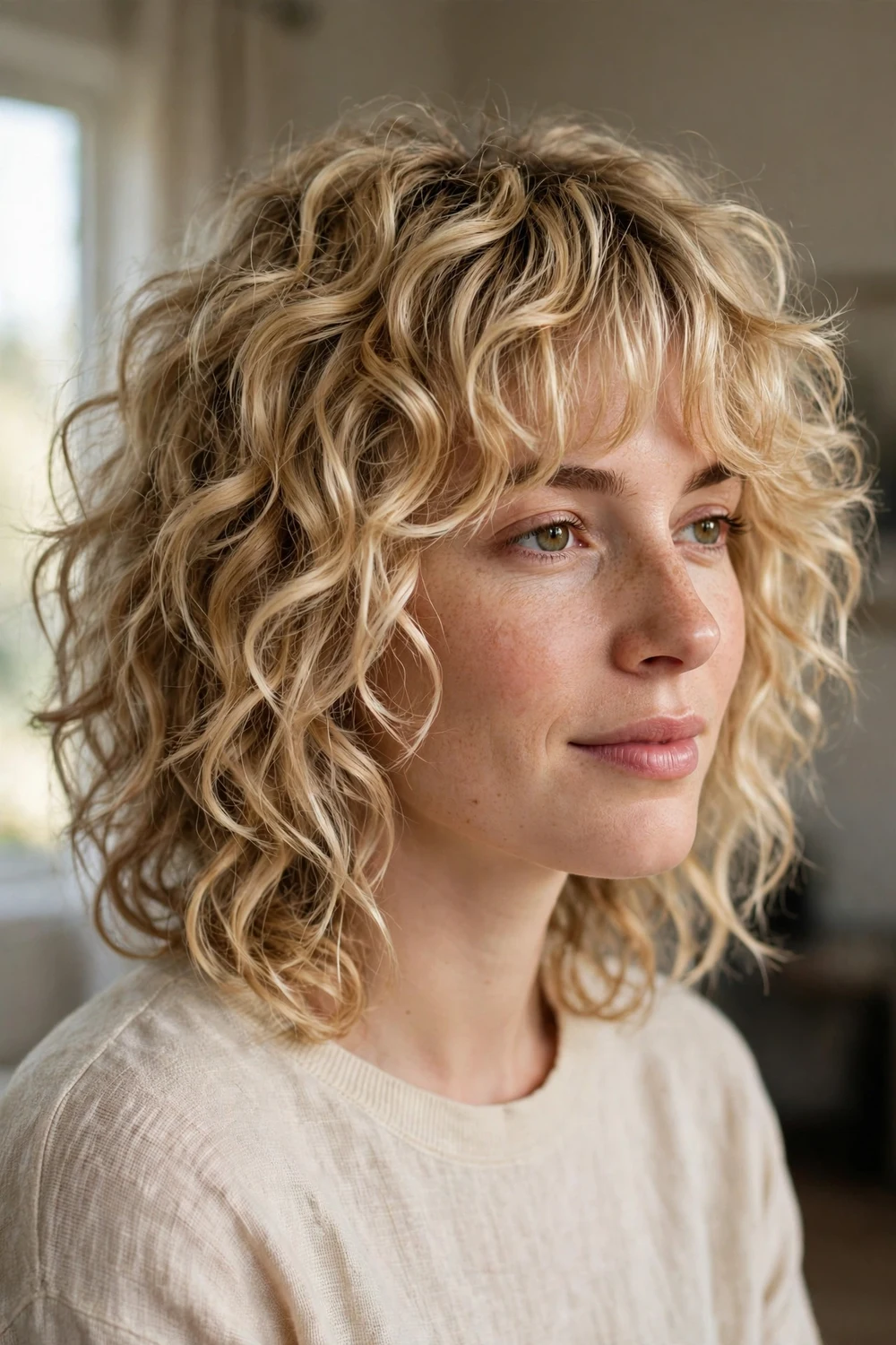 Woman with curly shag haircut and curtain bangs, textured choppy layers