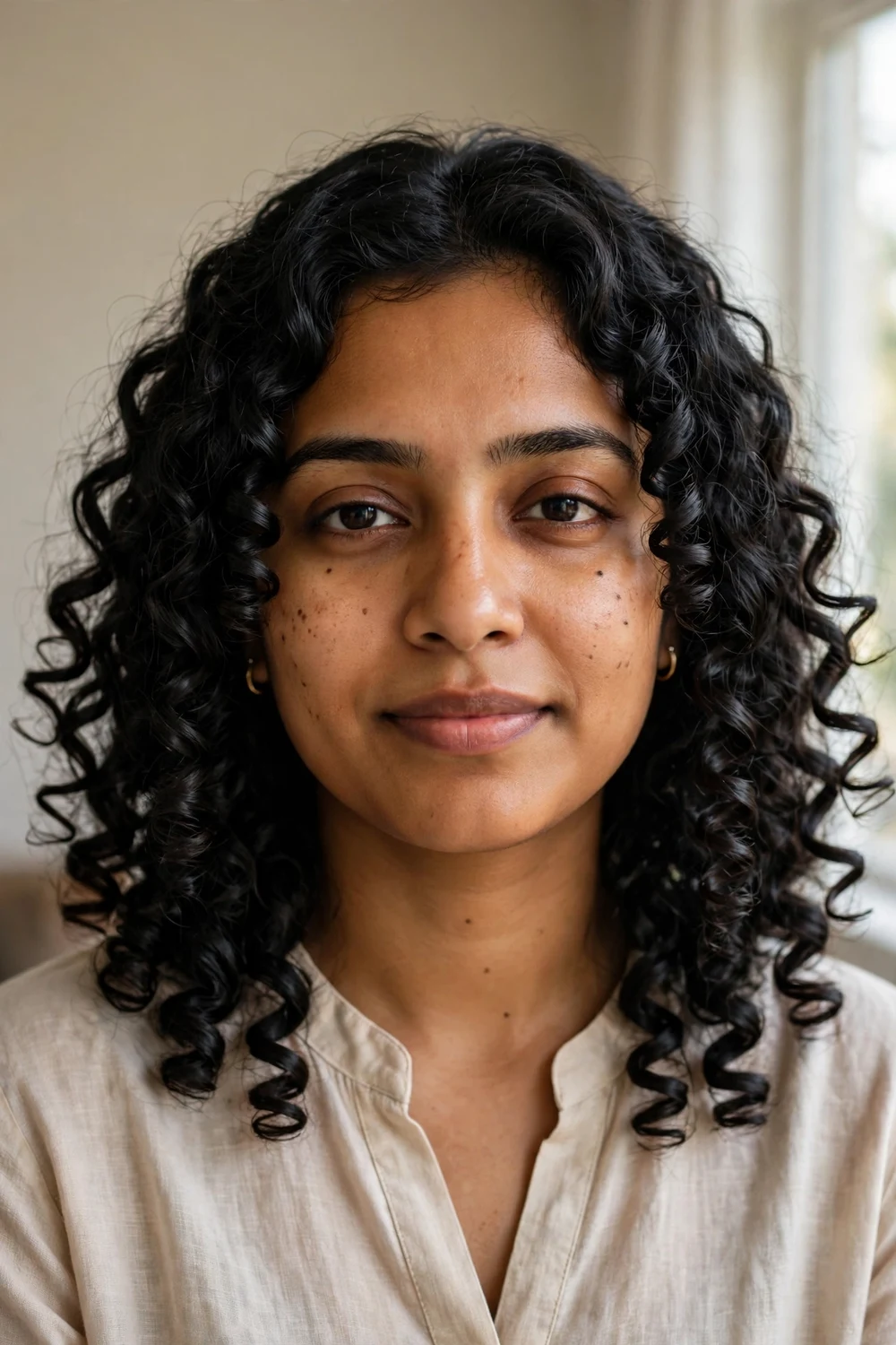 Woman with shoulder-length defined spiral curls framing her face