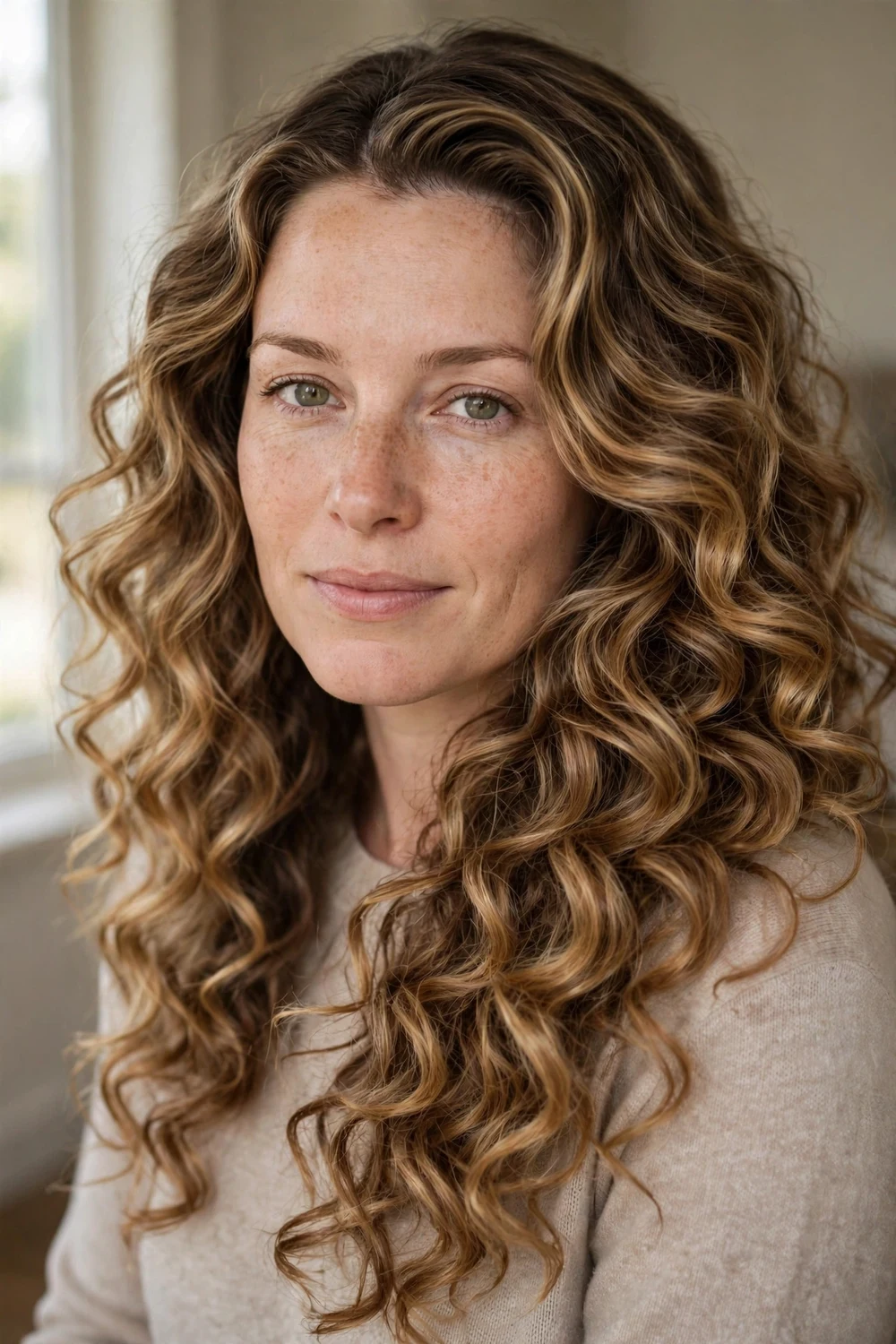 Woman with deep side part curly hairstyle, voluminous curls on one side