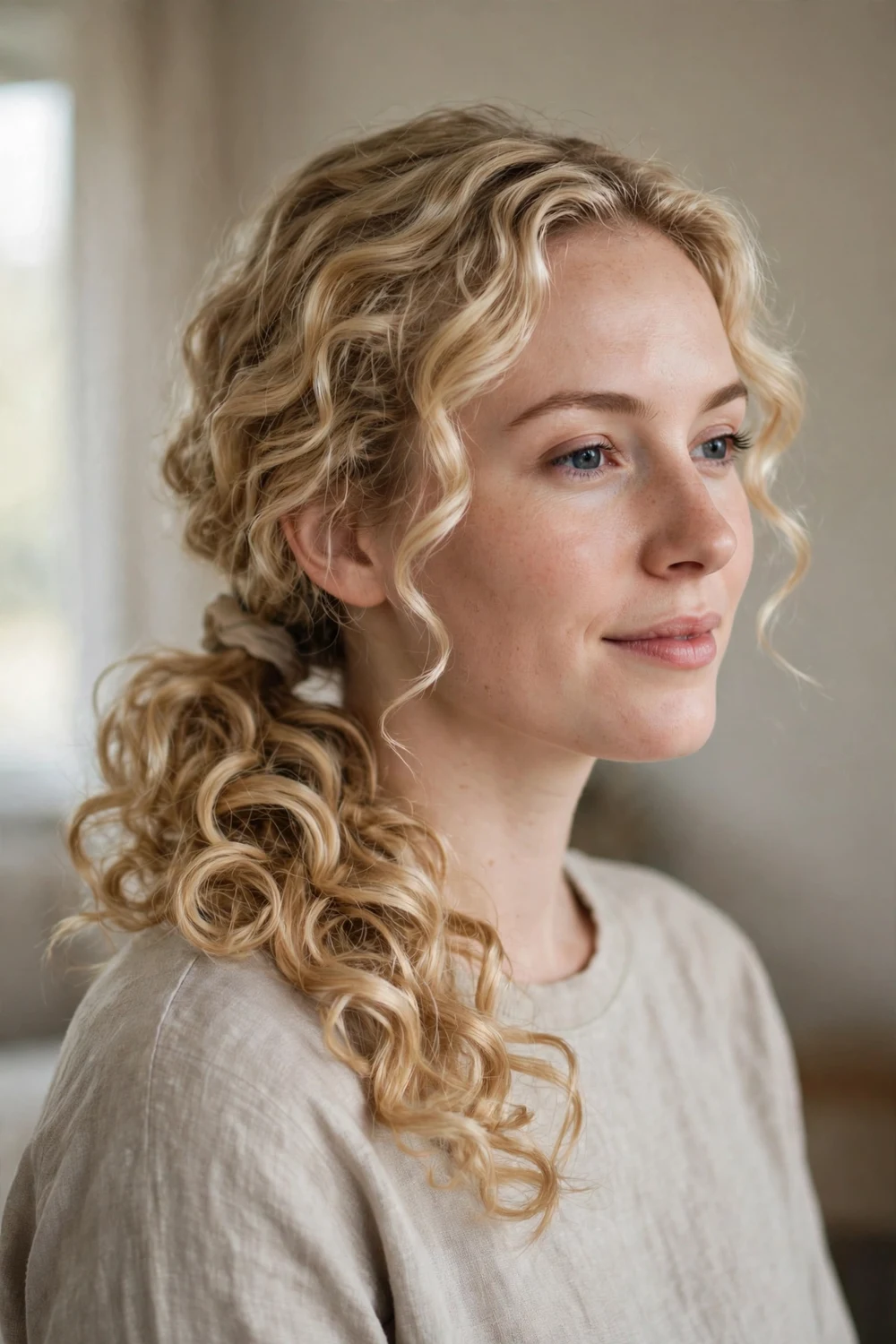 Woman with curly side ponytail swept over one shoulder