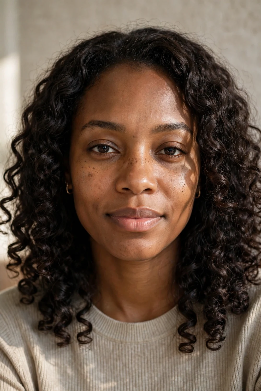 Woman with soft defined shoulder-length curly hairstyle worn loose