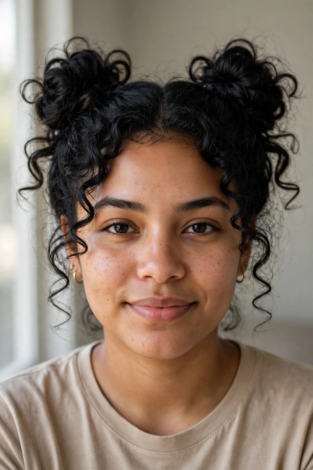 Woman with two curly space buns on top of her head
