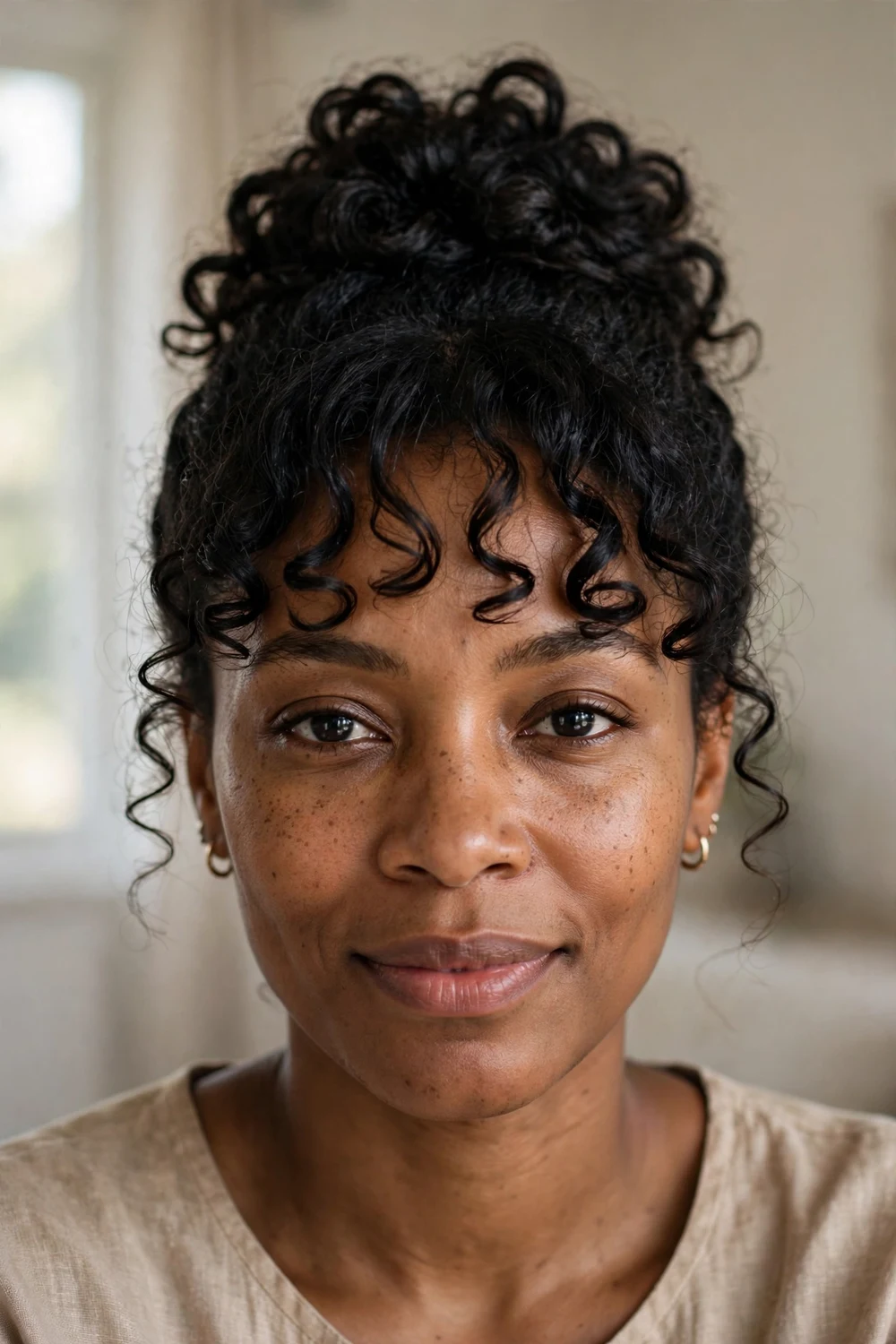 Woman with elegant updo framed by soft curly bangs