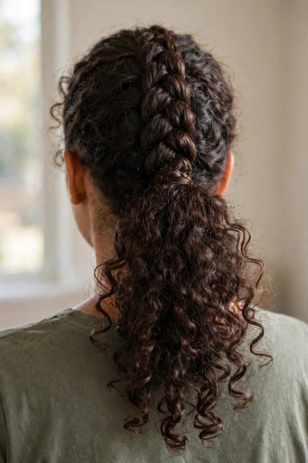 Woman with upside down French braid from nape into curly ponytail, back view