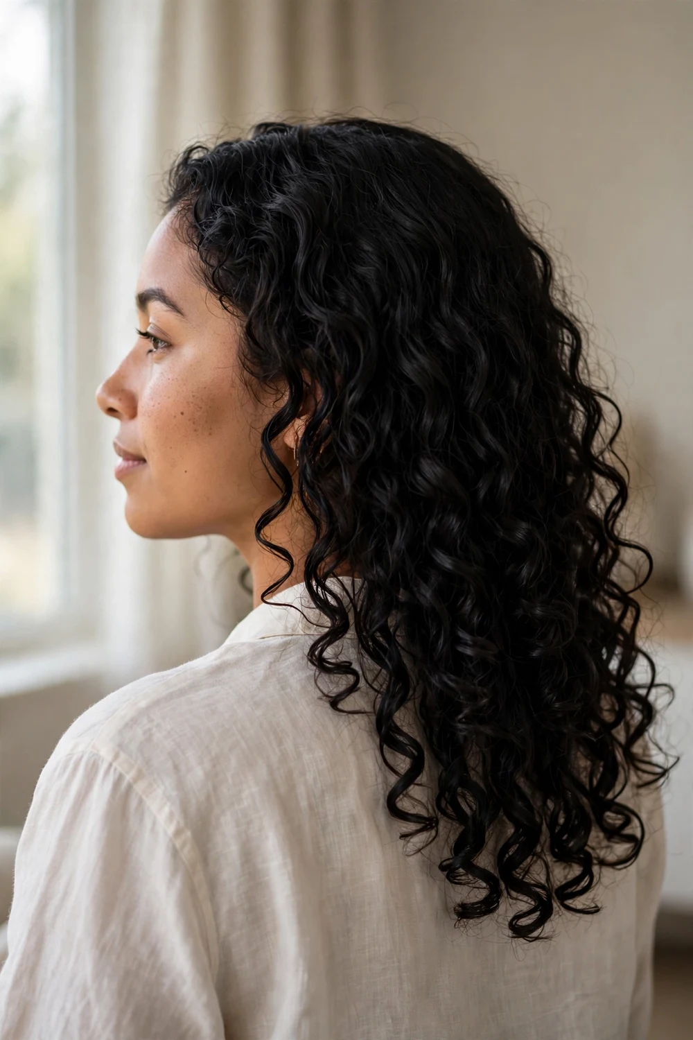 Woman with wash and go defined natural curls worn down