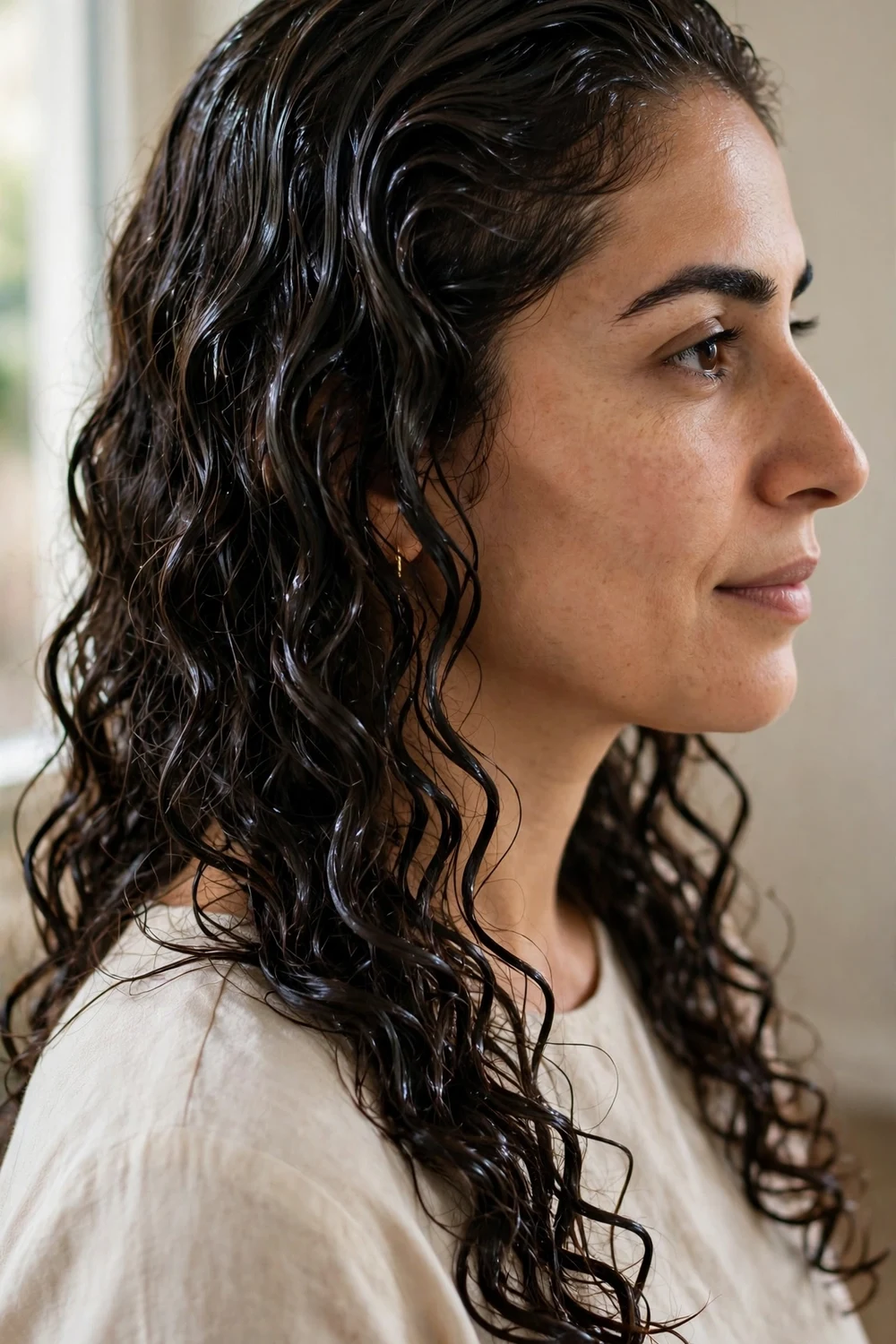 Woman with glossy wet look curls, sleek roots and defined ringlets