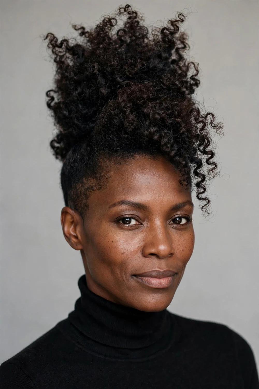 Black woman in her mid-30s with a sculpted curly high-top and short tapered sides