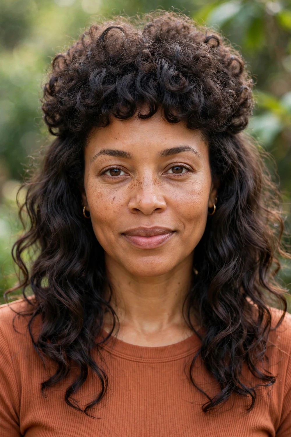 Woman with a curly jellyfish haircut with curly top and long wavy strands