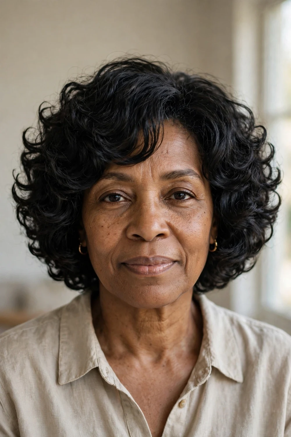 Woman over 50 with a curly layered bob