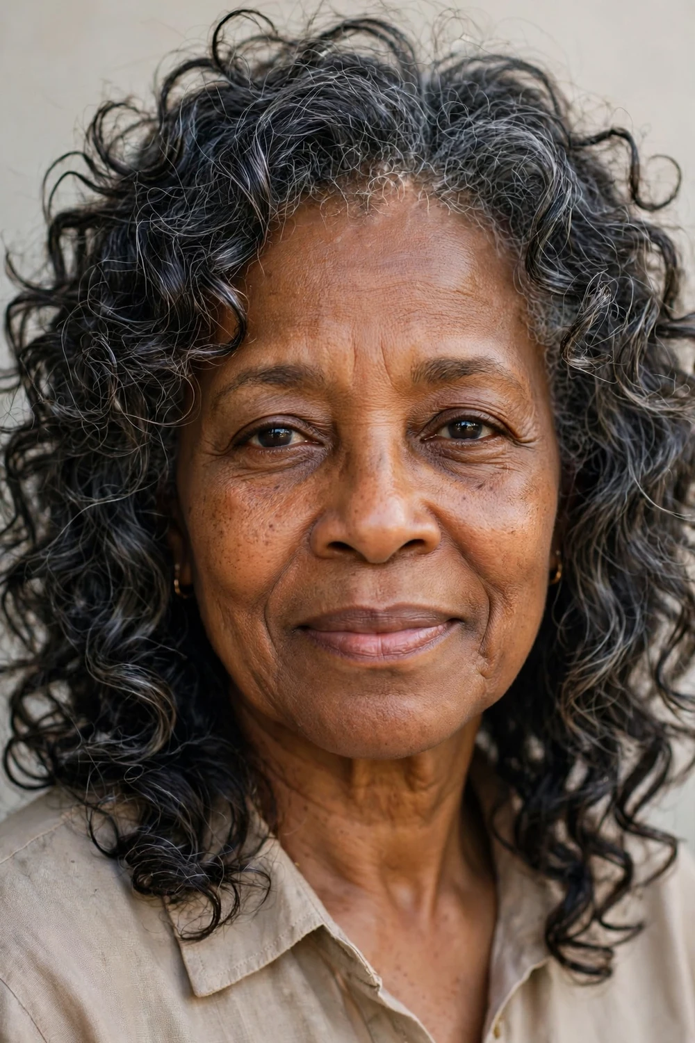 Woman over 50 with a curly layered haircut where layers add bounce to thin natural curls
