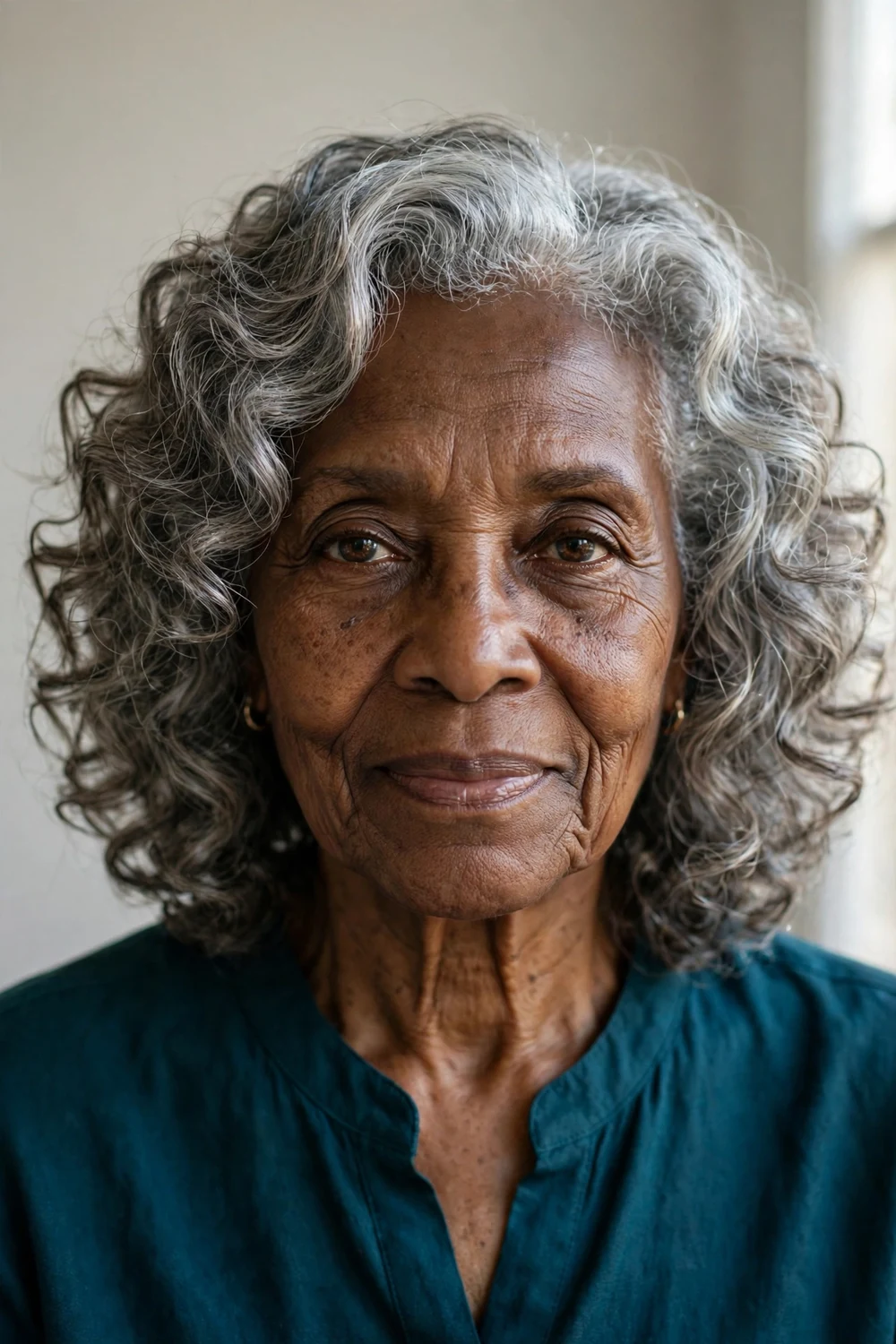 Curly lob with inner layers and silver tones on mature woman