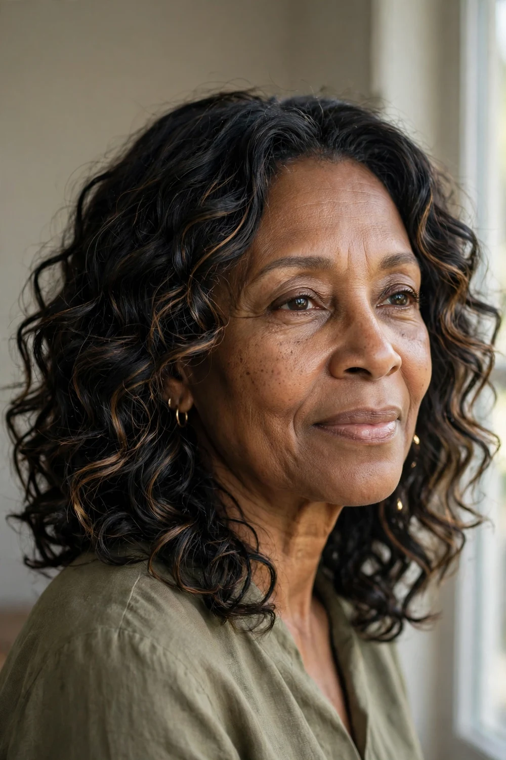 Older Black woman with a collarbone-length curly lob