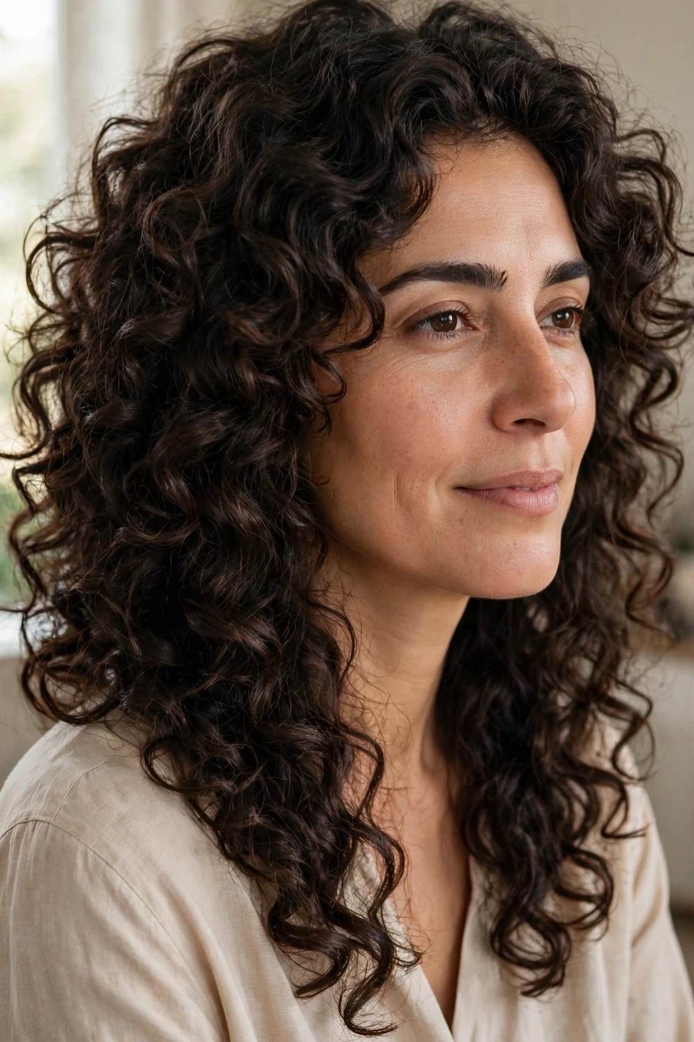 Woman with a curly lob haircut on thick hair