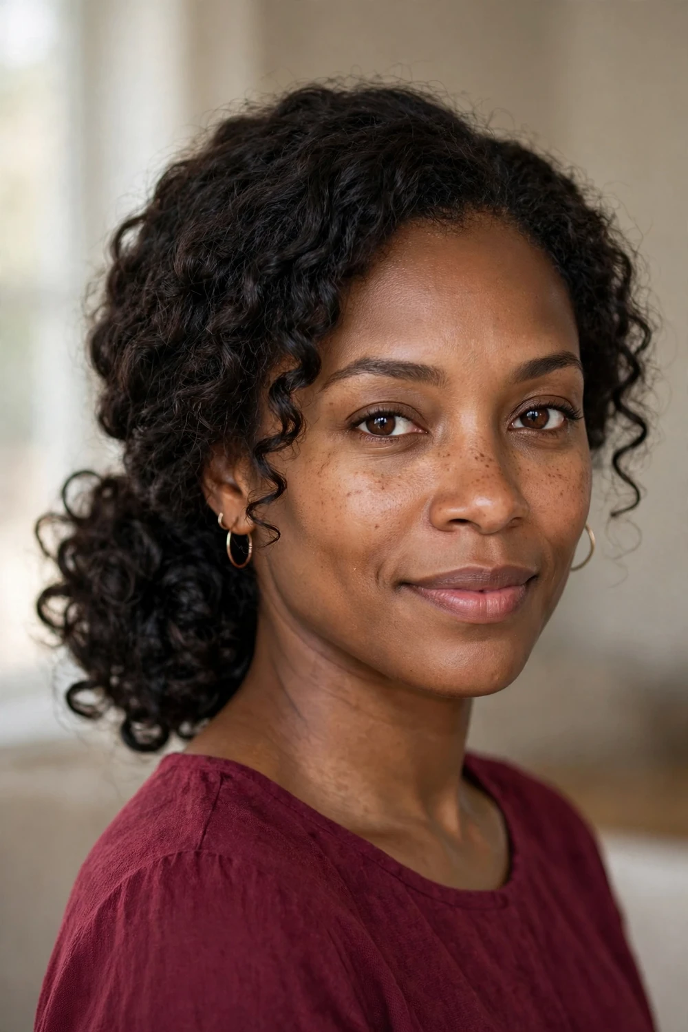 Curly low ponytail styled as an updo on voluminous medium-length dark curls
