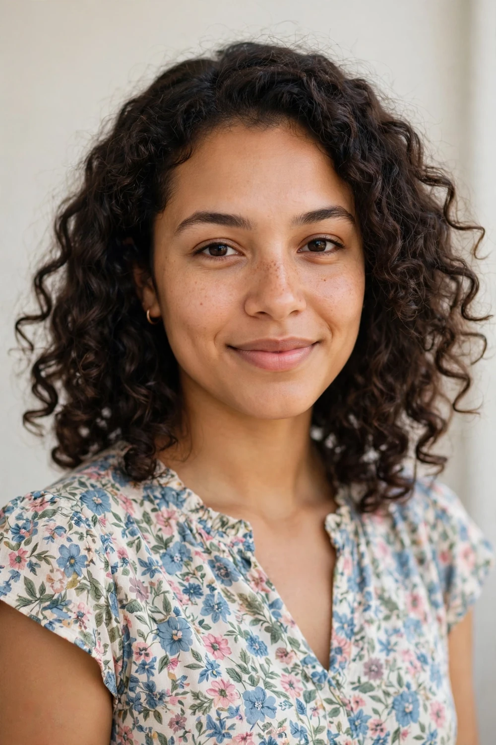 Woman with an oval face wearing curly medium-length layers