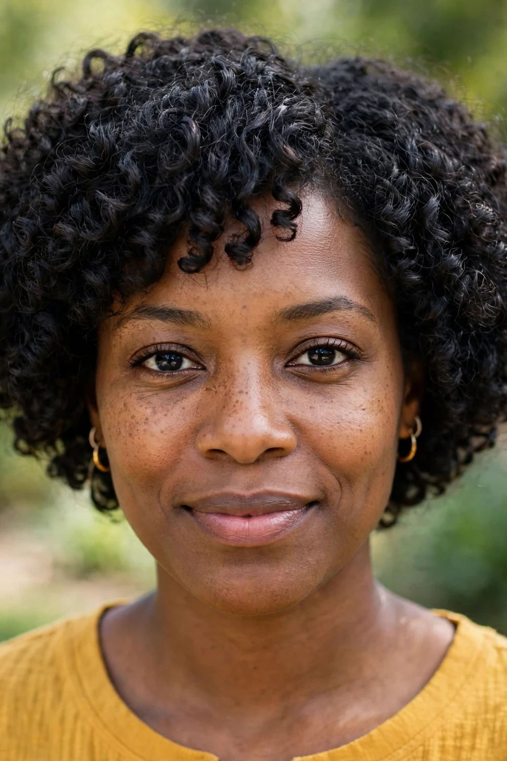 Woman with a curly micro bob haircut with short defined curls