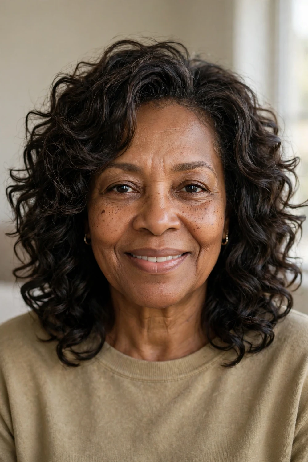 Woman over 50 with curly mid-length layered hair