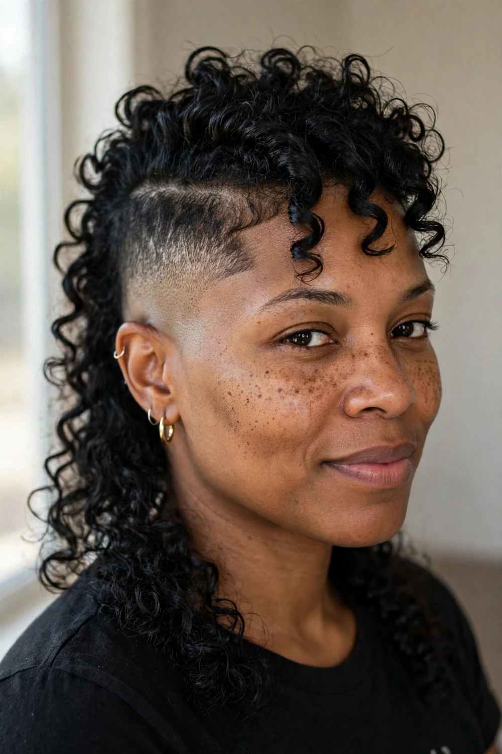 Woman with black curly hair in a curly mohawk mullet with faded sides
