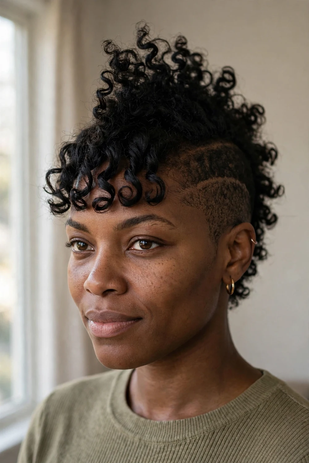 Curly mohawk pixie with bangs and shaved sides